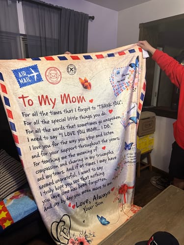 Customer photo review of Mom - Giant Post Card Blanket - From Son