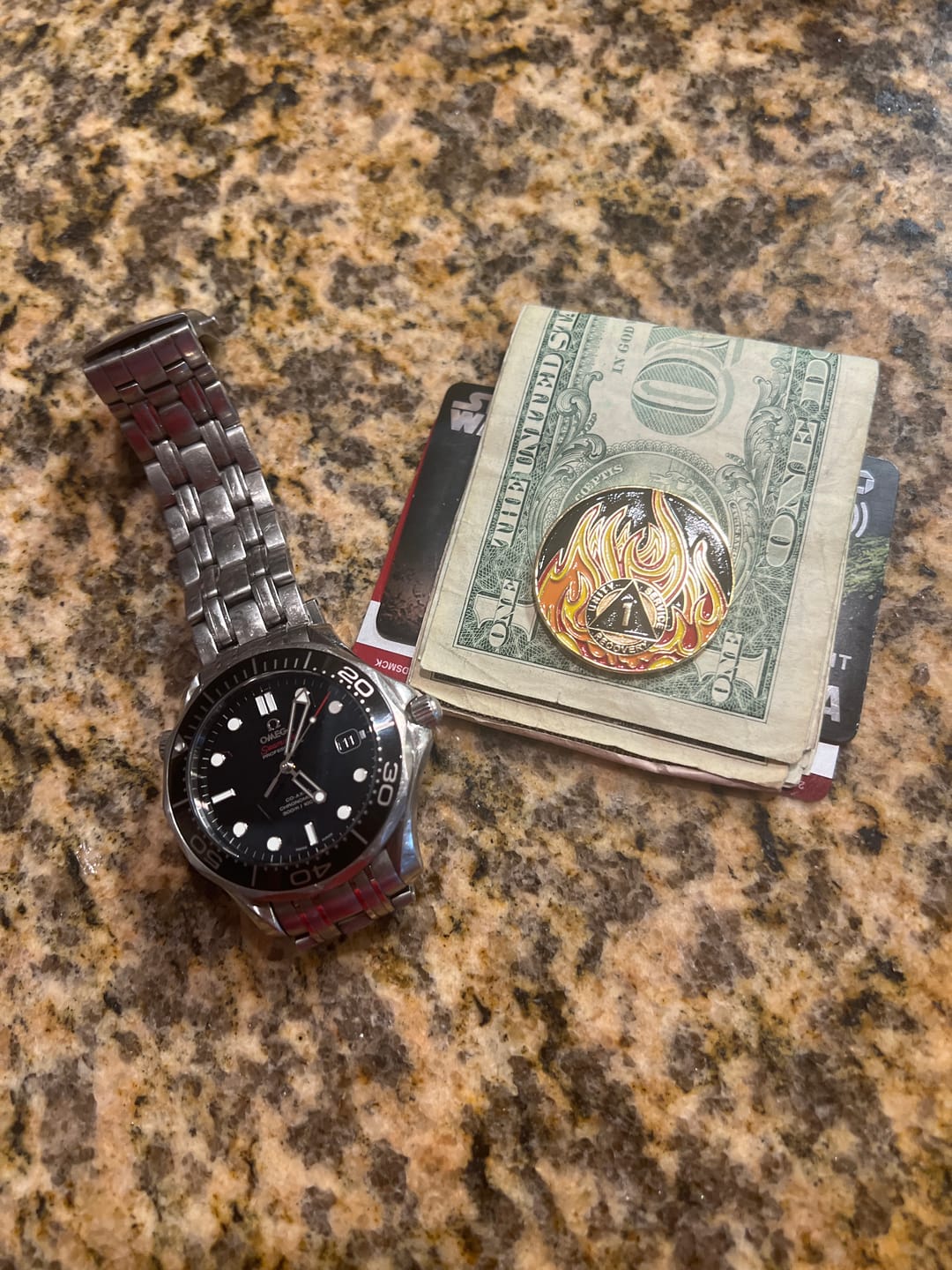Customer photo review of 1 to 40 Year Sobriety Mint Twisted Flames Gold Plated AA Recovery Medallion/Chip/Coin - Black/Red/Orange/Yellow