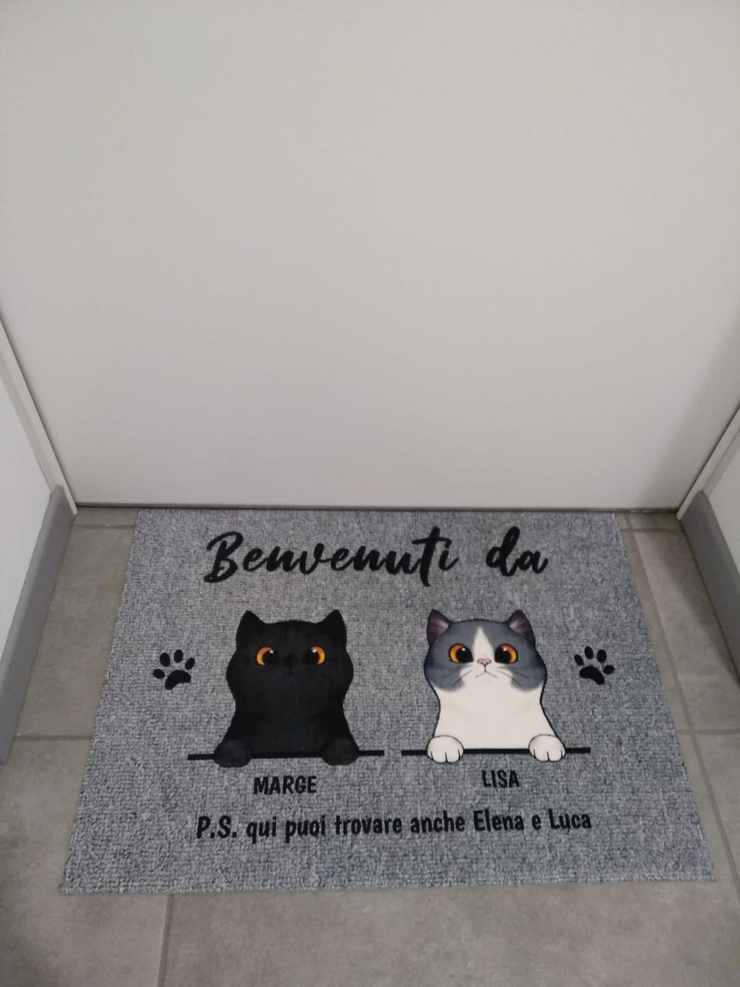 Customer photo review of Benvenuti da gatti curiosi - Zerbino personalizzato