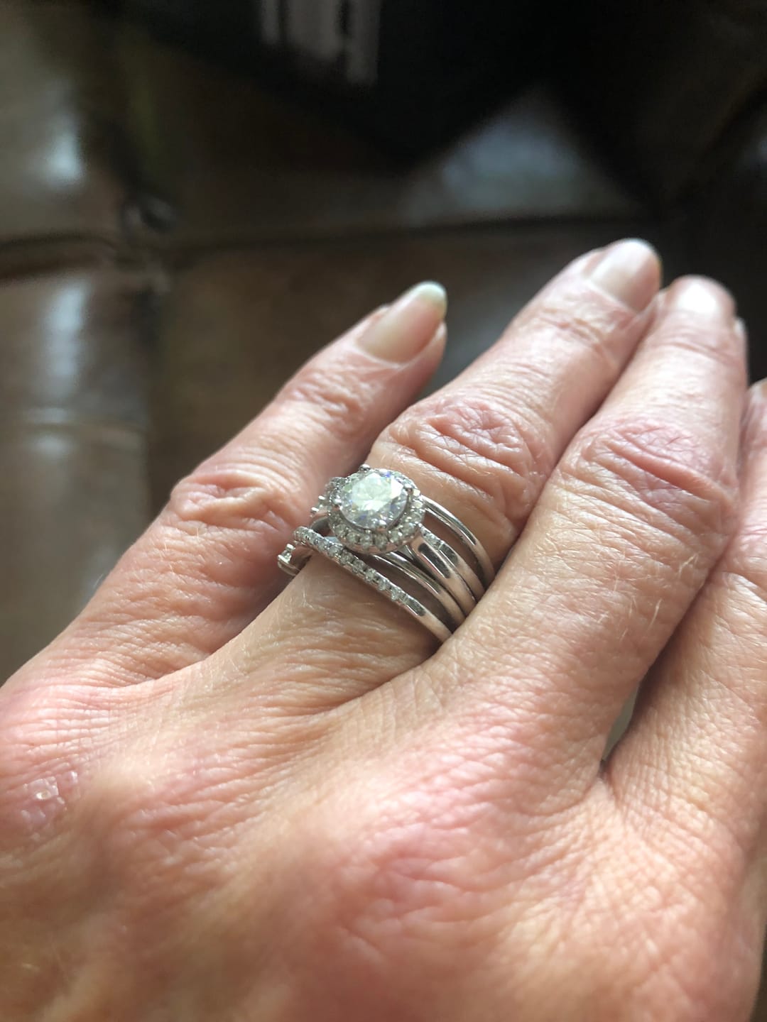 Customer photo review of Halo Moissanite With Enhancer Cross Shank Bridal Engagement Ring Set