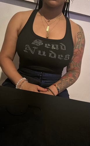 Customer photo review of Beaded contrast sleeveless u neck ribbed crop top