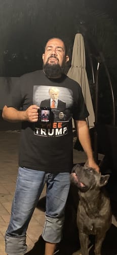Customer photo review of Trump Mugshot Sign T-Shirt