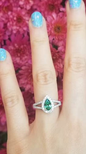 Customer photo review of Halo Green Pear CZ Split Shank Ring in Sterling Silver