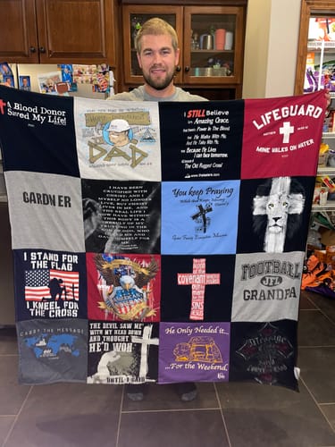 T-shirt quilt with blood donation, sports themes by Katie from IL