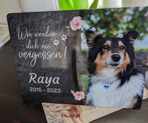 Customer photo review of Hunde Gedenktafel mit Foto & Spruch (UV- &  Wetterfest)