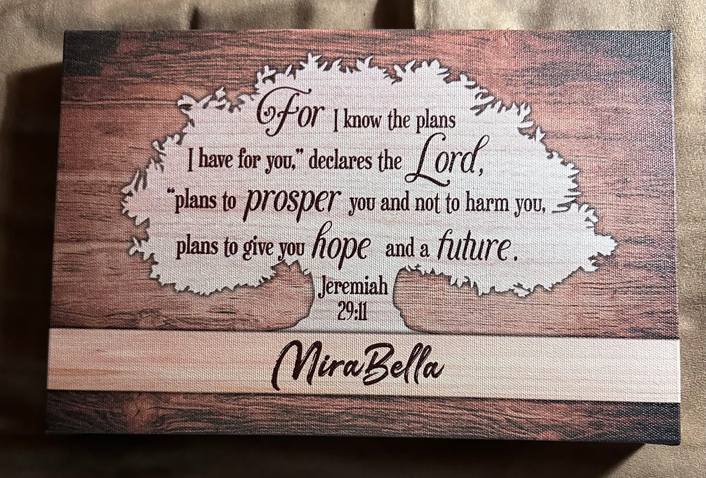 Customer photo review of For I know the plans I have for you Jeremiah 29:11 personalized name wall art canvas