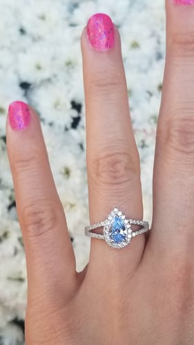 Customer photo review of Halo Blue Pear CZ Split Shank Ring in Sterling Silver