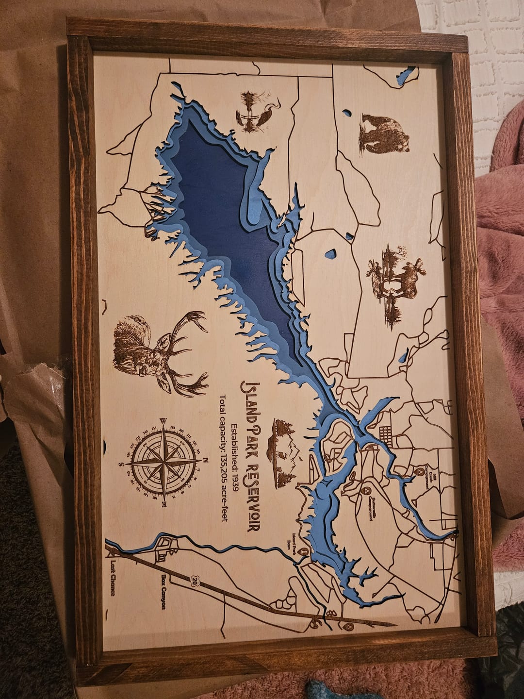 Customer photo review of Island Park Reservoir Laser Engraved Topo Map