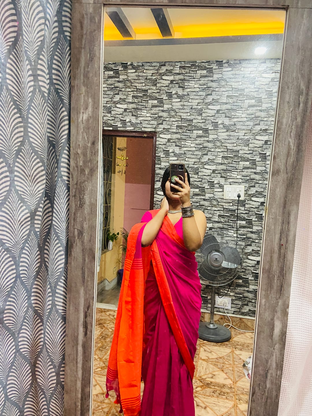 Customer photo review of Pink Orange Soft Cotton  Saree