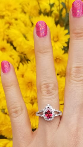 Customer photo review of Halo Red Pear CZ Split Shank Ring in Sterling Silver