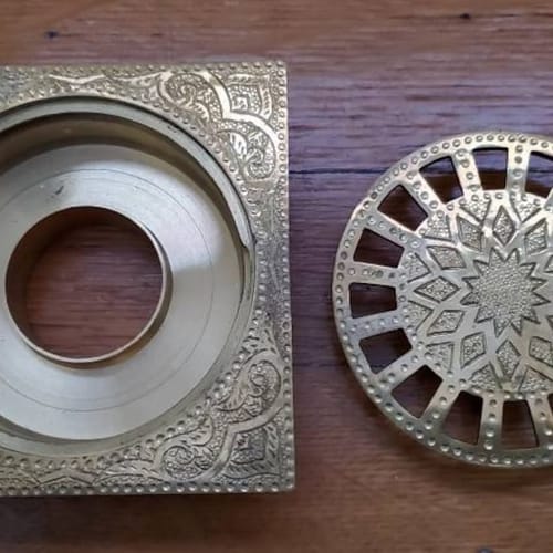 Customer photo review of unlacquered solid brass Engraved floor drain raw brass shower drain