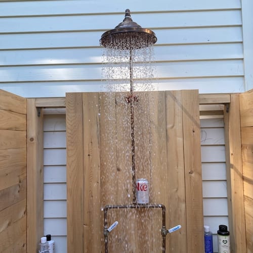 Customer photo review of Unlacquered copper showerhead , Rain shower head , showerhead , copper showerhead , outdoor showerhead , showerhead , copper shower head