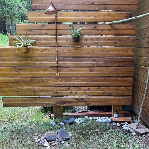 Customer photo review of Unlacquered solid copper shower , outdoor shower , copper outdoor shower , copper shower , copper shower head , copper , outdoor shower ,