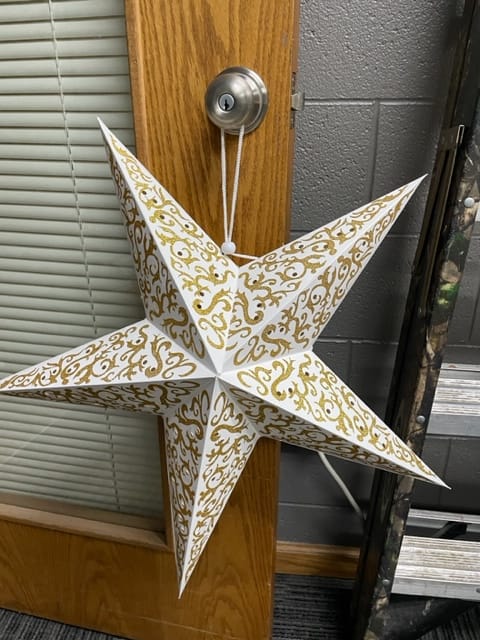 Customer photo review of 24" Gold Bramble Glitter Paper Star Lantern, Hanging