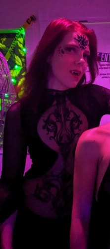 Customer photo review of Mesh crewneck long sleeve see through embroidery mini dress