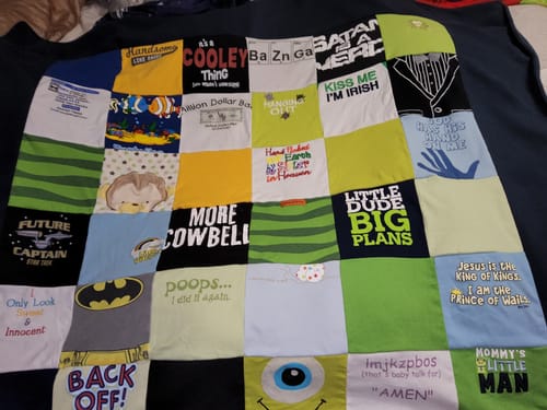 T-shirt quilt with humor, religion themes by Cassidy from MO