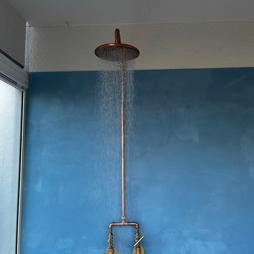 Customer photo review of Unlacquered Solid copper shower , outdoor shower , copper outdoor shower , copper shower , copper showerhead , copper shower head , copper