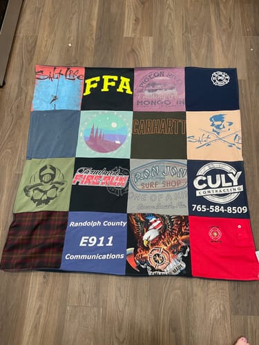 T-shirt quilt with farming, emergency services themes by Darby from IN