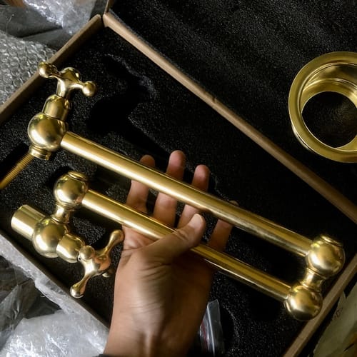 Customer photo review of Unlacquered solid brass pot filler , kitchen pot filler , stove pot filler , sink faucet , brass pot filler , wall mount pot filler