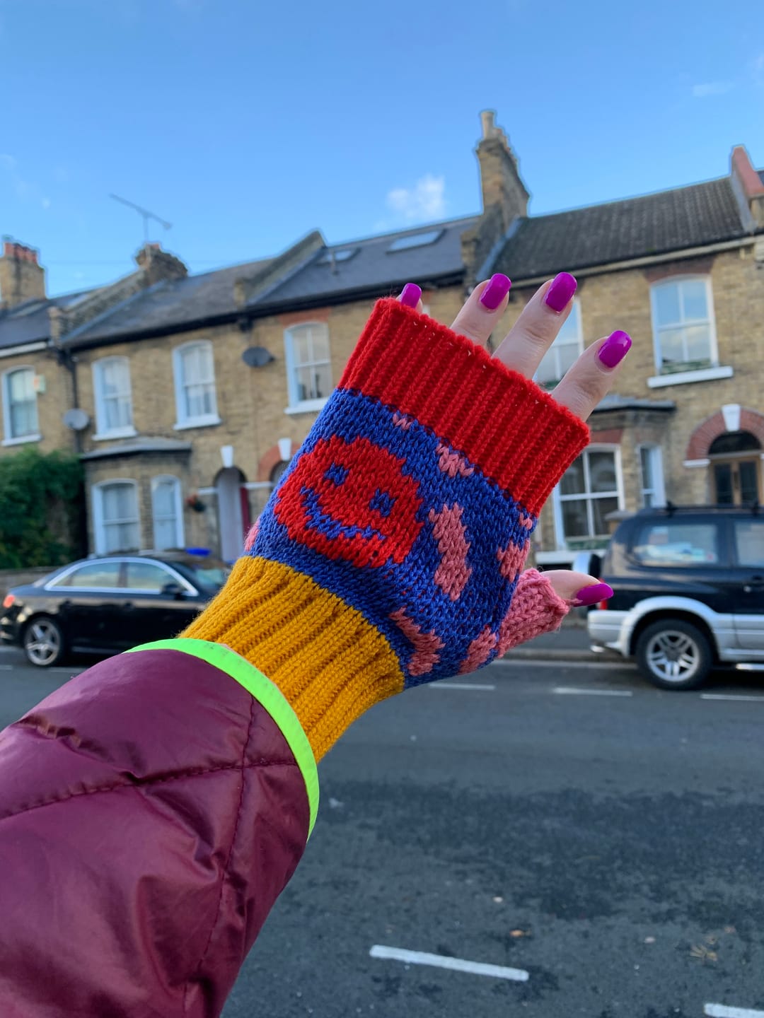Customer photo review of Smiley Fingerless Gloves