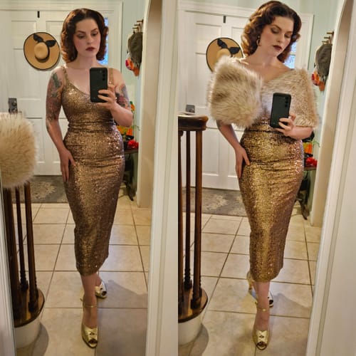 Customer photo review of Glitz & Glamour Dress in Champagne Sequins - Vixen by Micheline Pitt