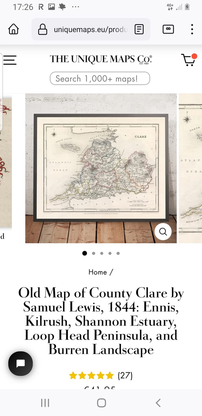 Customer photo review of Old Map of County Clare by Samuel Lewis, 1844: Ennis, Kilrush, Shannon Estuary, Loop Head Peninsula, and Burren Landscape