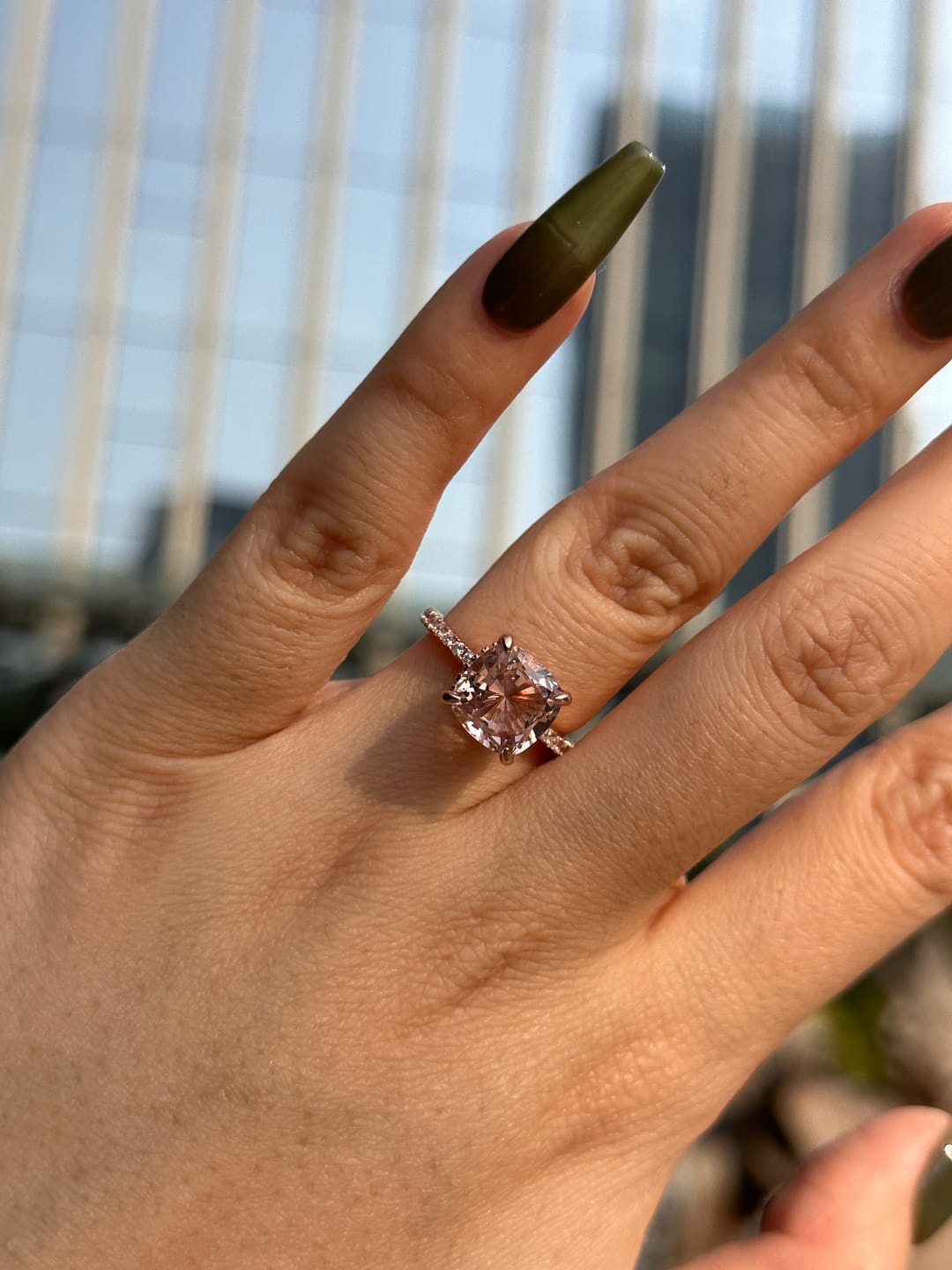 Customer photo review of Louily 3.5Ct Rose Gold Solitaire Cushion Cut Engagement Ring with Double Hidden Halo