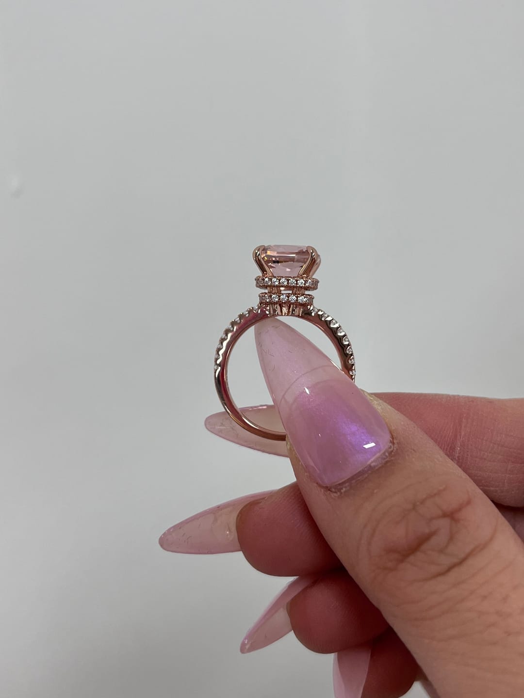 Customer photo review of Louily 3.5Ct Rose Gold Solitaire Cushion Cut Engagement Ring with Double Hidden Halo