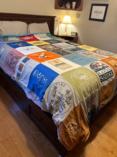 T-shirt quilt with sailing, beach activities themes by Judy from PA