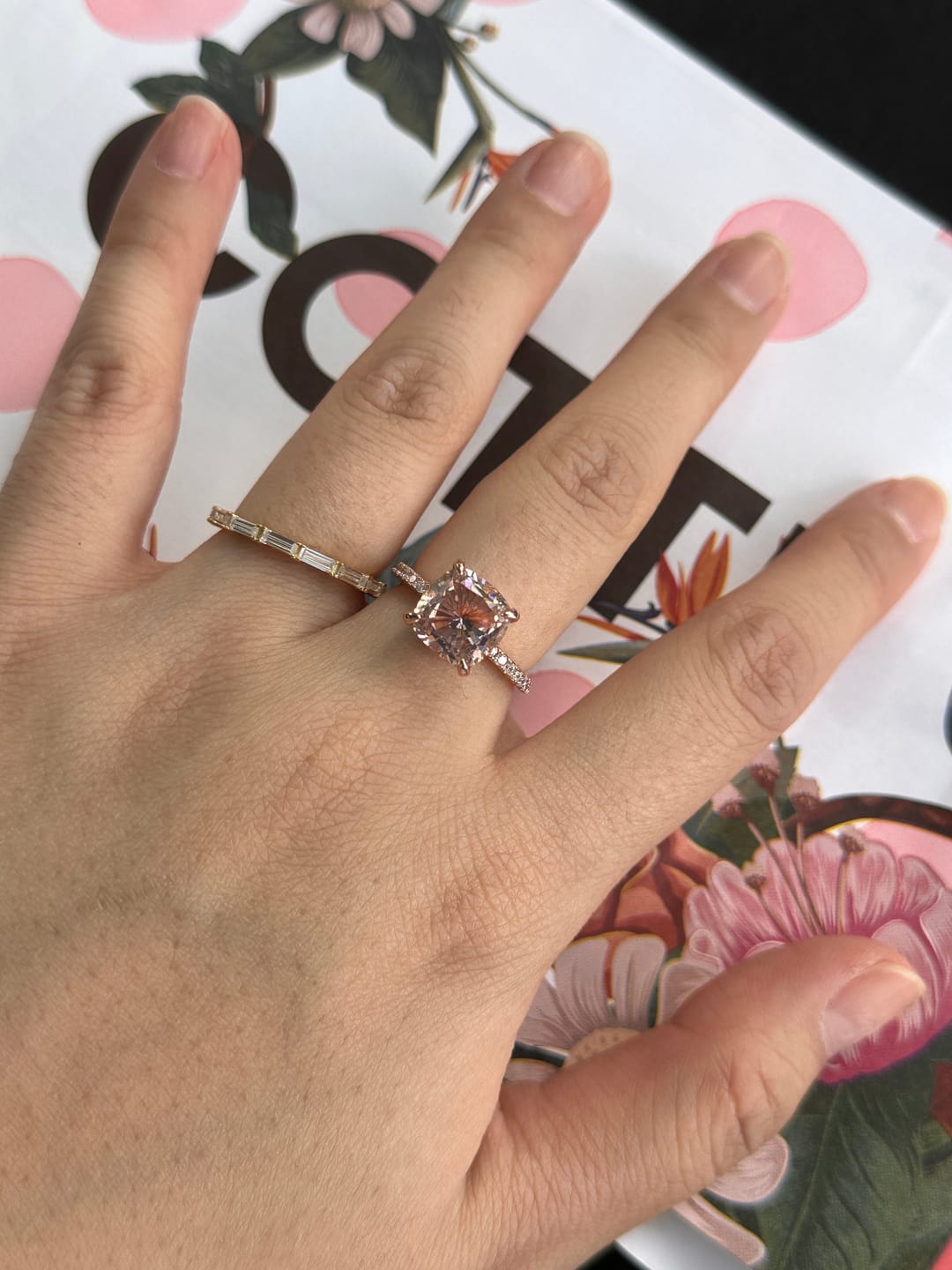 Customer photo review of Louily 3.5Ct Rose Gold Solitaire Cushion Cut Engagement Ring with Double Hidden Halo