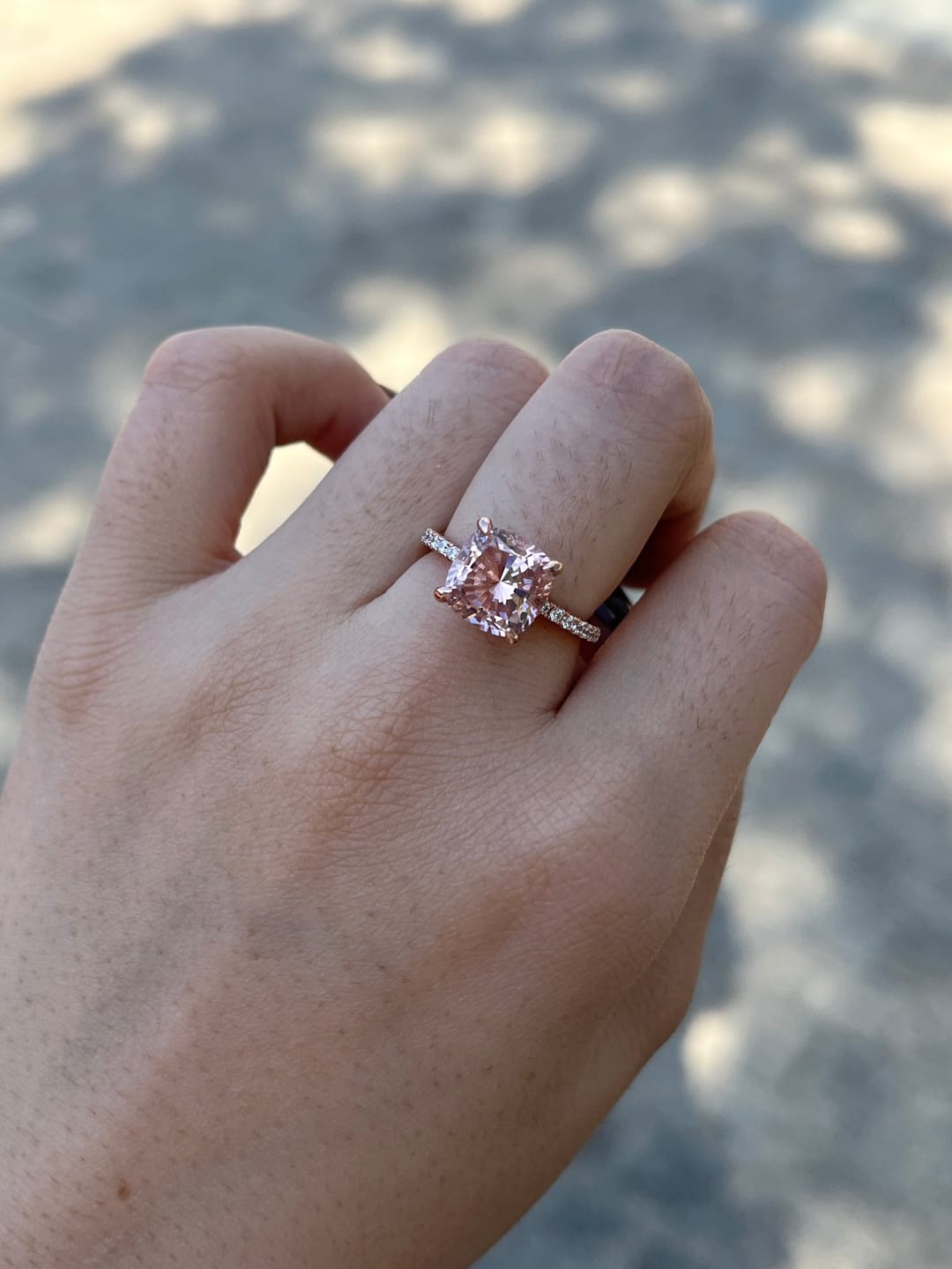 Customer photo review of Louily 3.5Ct Rose Gold Solitaire Cushion Cut Engagement Ring with Double Hidden Halo