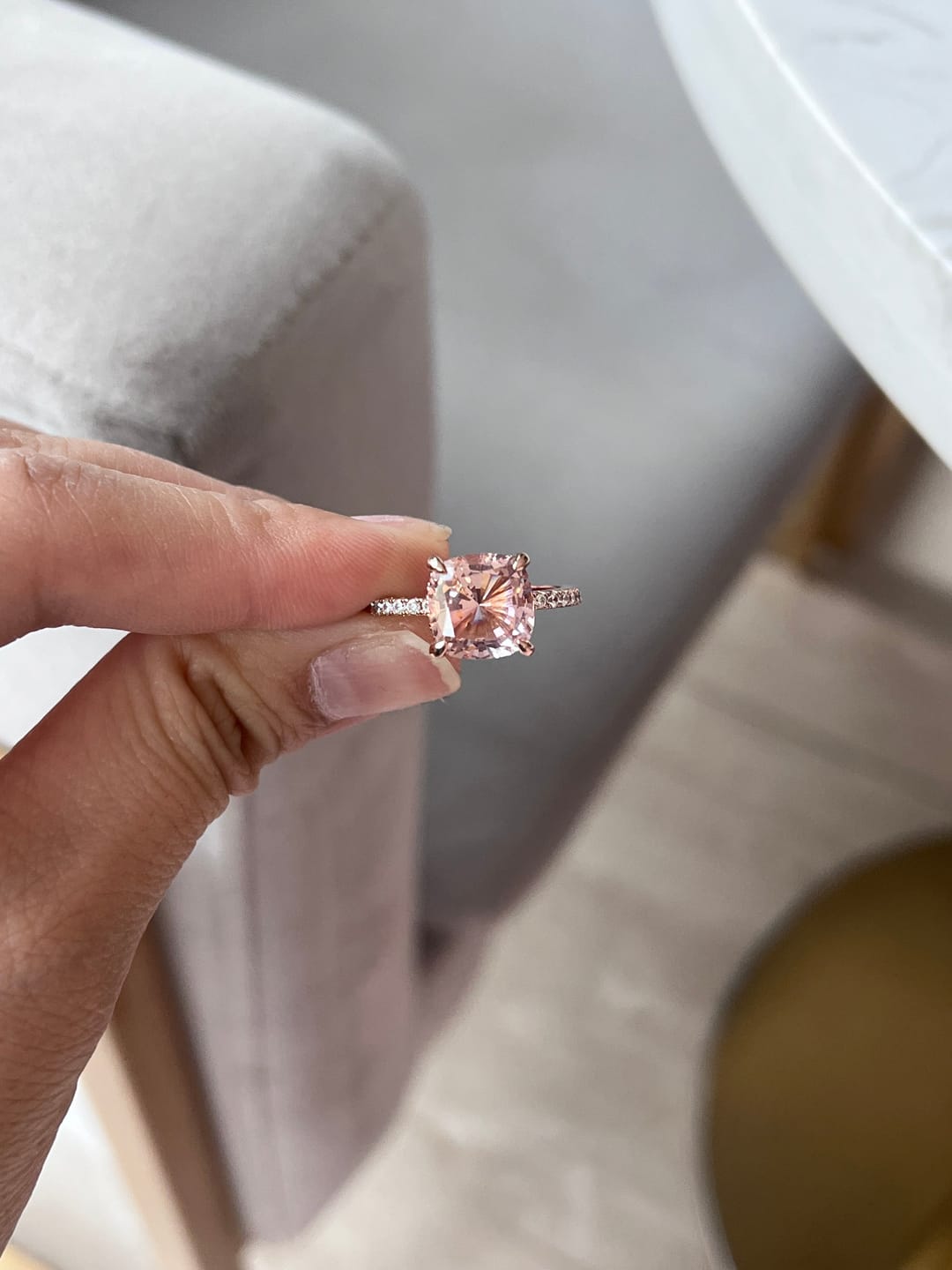 Customer photo review of Louily 3.5Ct Rose Gold Solitaire Cushion Cut Engagement Ring with Double Hidden Halo
