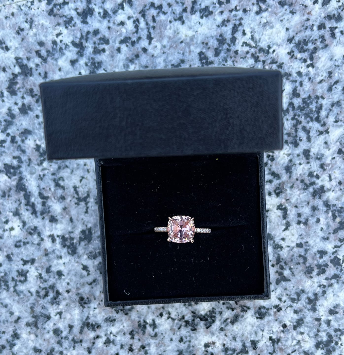 Customer photo review of Louily 3.5Ct Rose Gold Solitaire Cushion Cut Engagement Ring with Double Hidden Halo