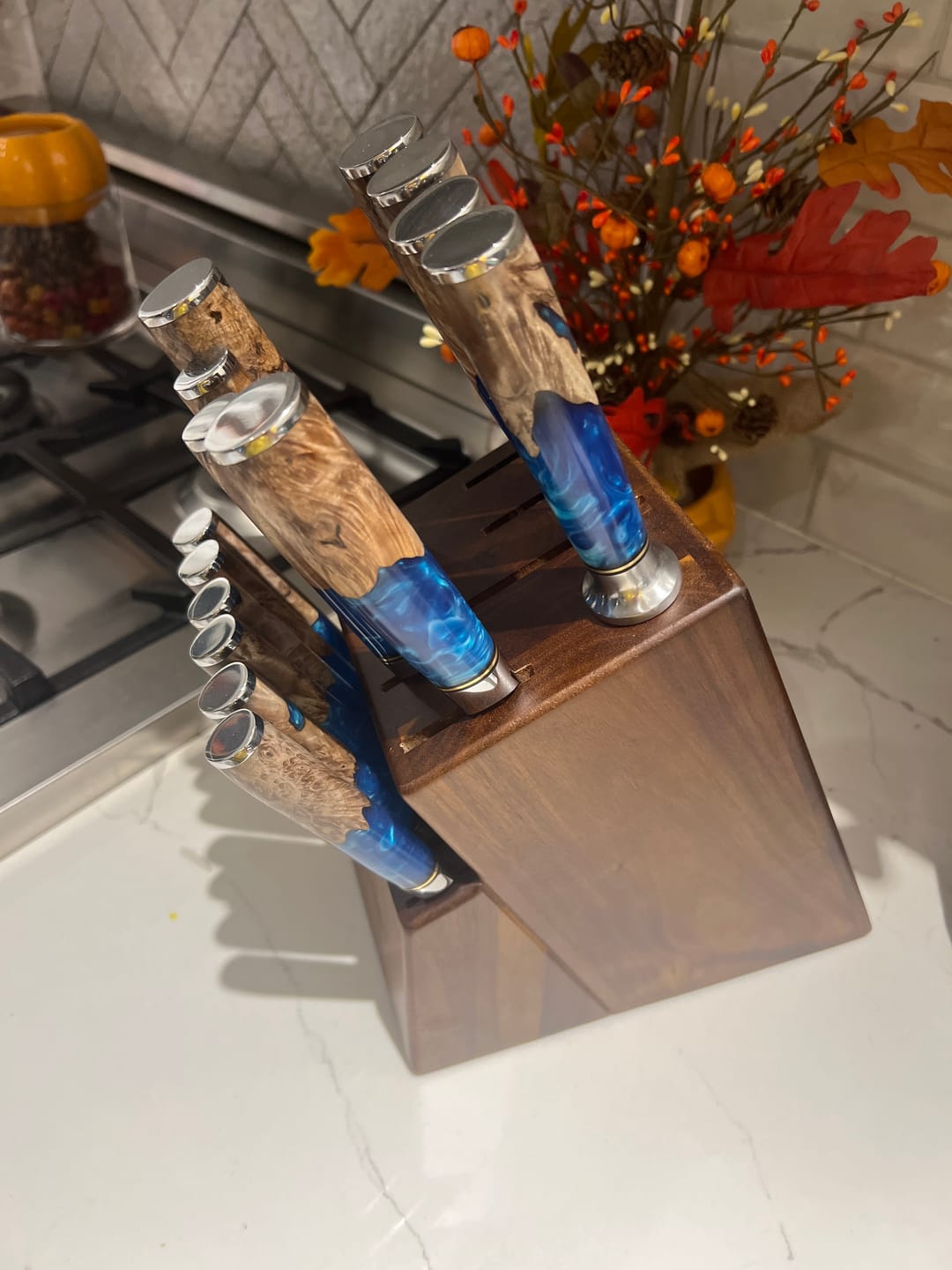 Customer photo review of Tsunami 15-Piece Japanese VG10 Damascus Knife Block Set — with Blue Resin Burl Wood Handles