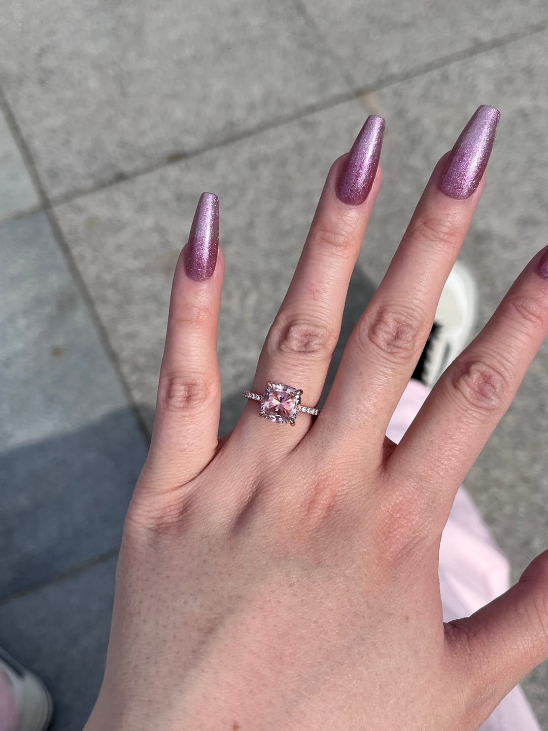 Customer photo review of Louily 3.5Ct Rose Gold Solitaire Cushion Cut Engagement Ring with Double Hidden Halo