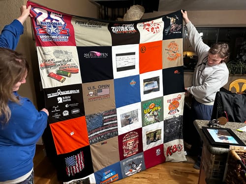 T-shirt quilt with shooting sports, quilting themes by Pamela from AK