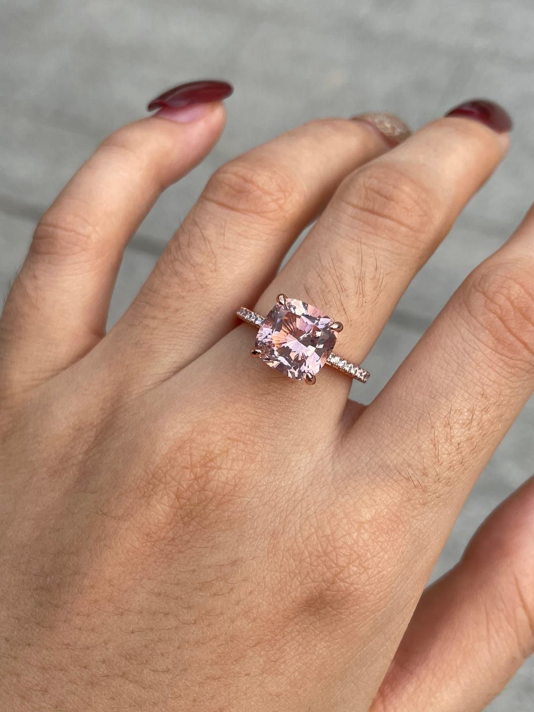 Customer photo review of Louily 3.5Ct Rose Gold Solitaire Cushion Cut Engagement Ring with Double Hidden Halo