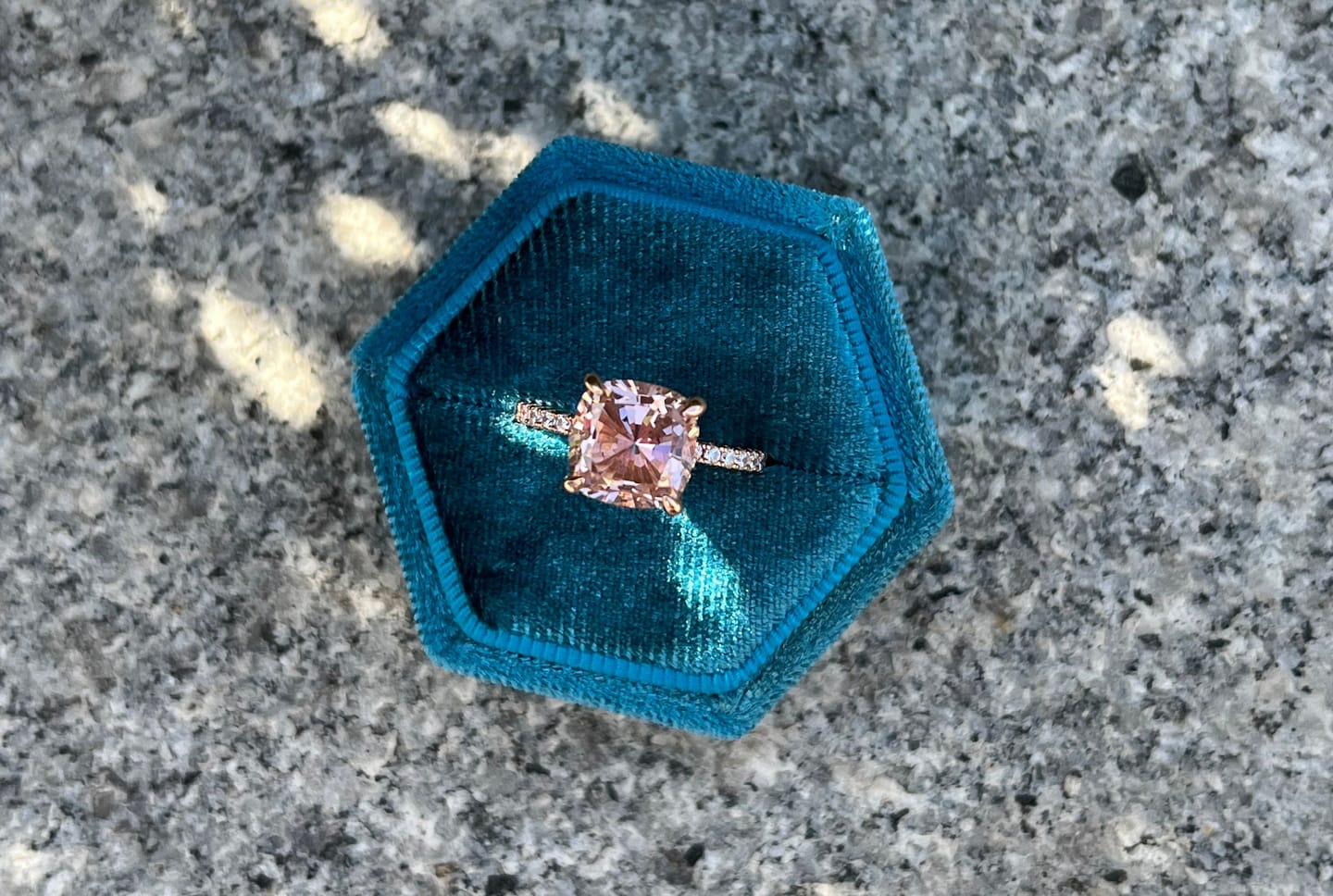 Customer photo review of Louily 3.5Ct Rose Gold Solitaire Cushion Cut Engagement Ring with Double Hidden Halo