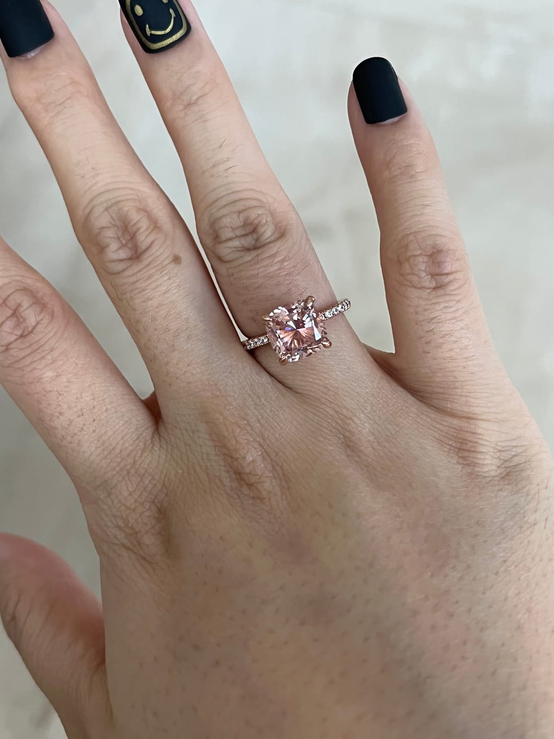 Customer photo review of Louily 3.5Ct Rose Gold Solitaire Cushion Cut Engagement Ring with Double Hidden Halo