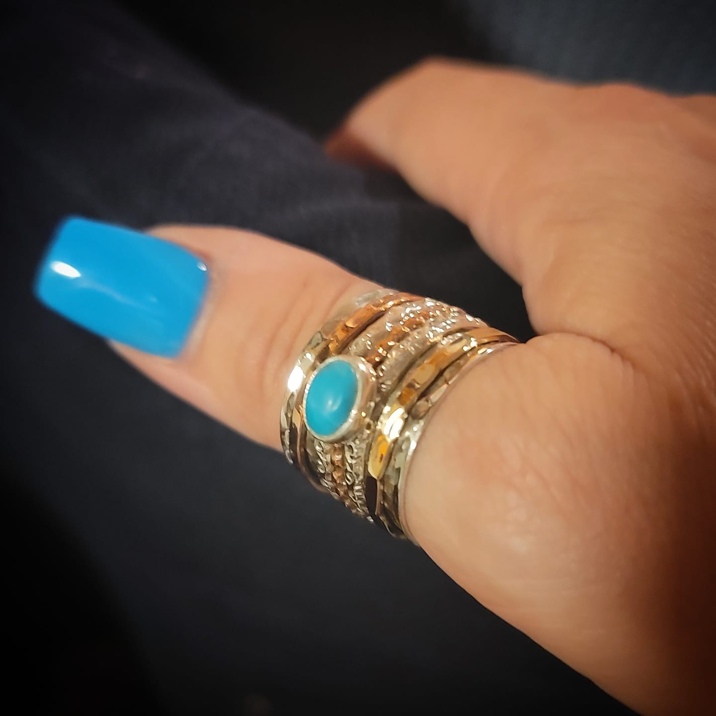 Customer photo review of Teardrop Turquoise Fidget Ring Sterling Silver