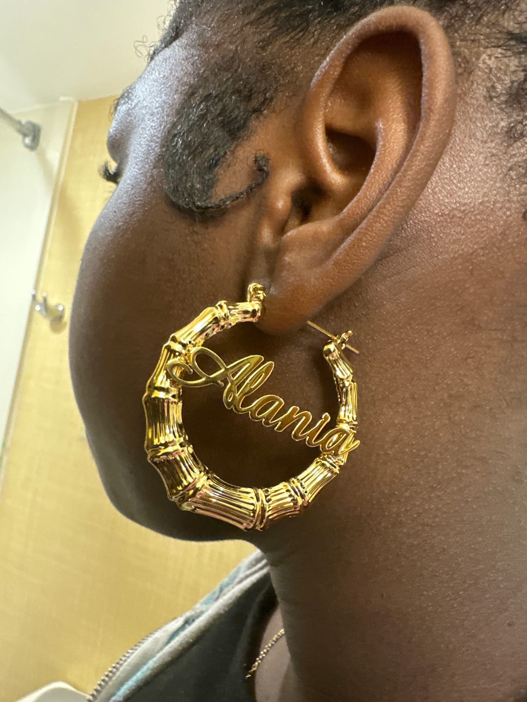 Customer photo review of Bamboo Name Earrings