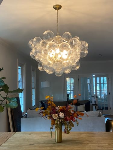 Customer photo review of Brass Cluster Ribbed Glass Globe Bubble Chandelier