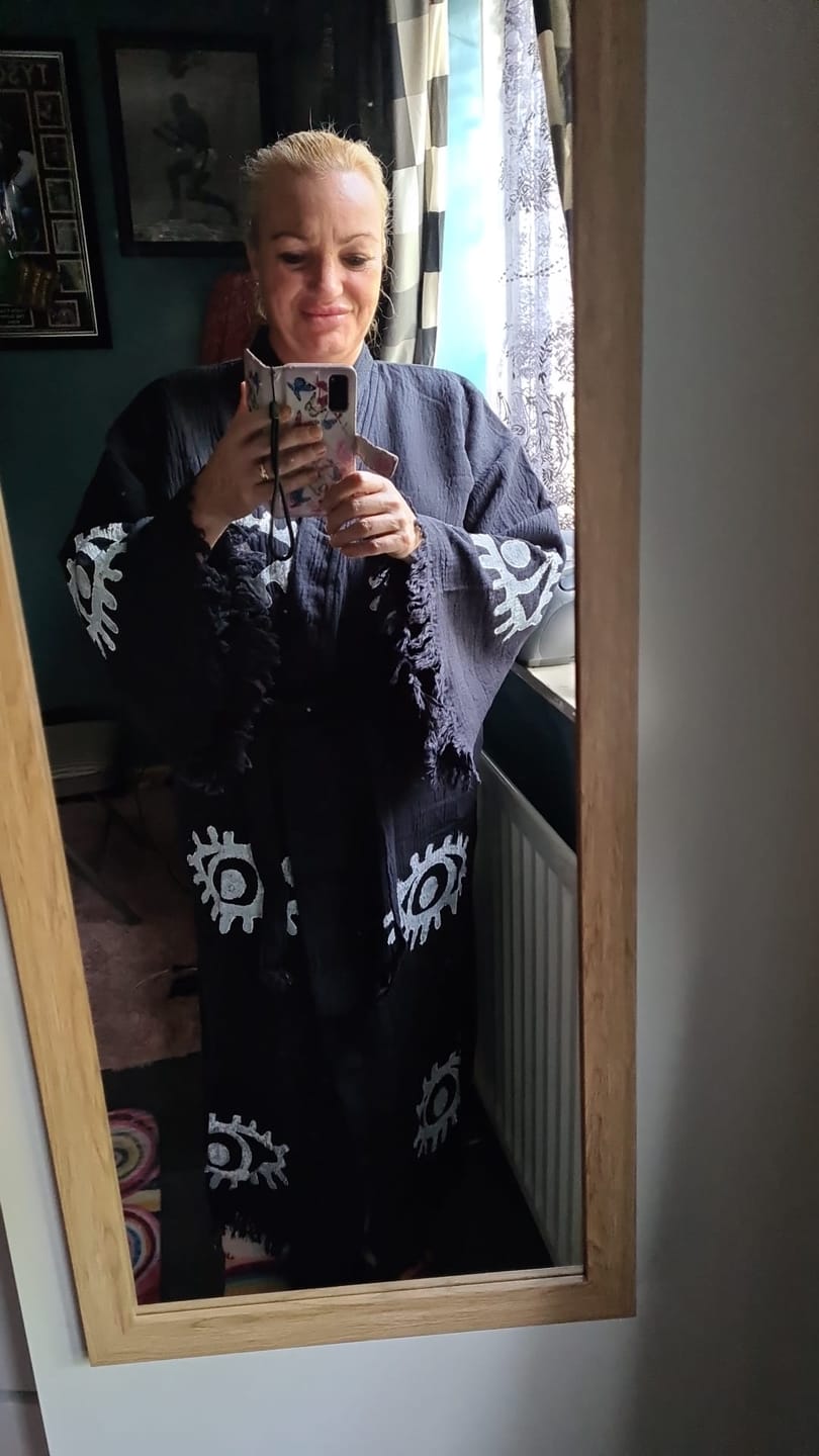 Customer photo review of Black Edit w/White Evil Eye Kimono Robe