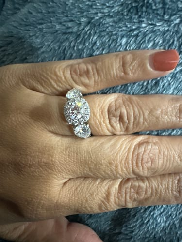 Customer photo review of Three Stone Round Cut Moissanite Sterling Silver Wedding Halo Ring 3CT