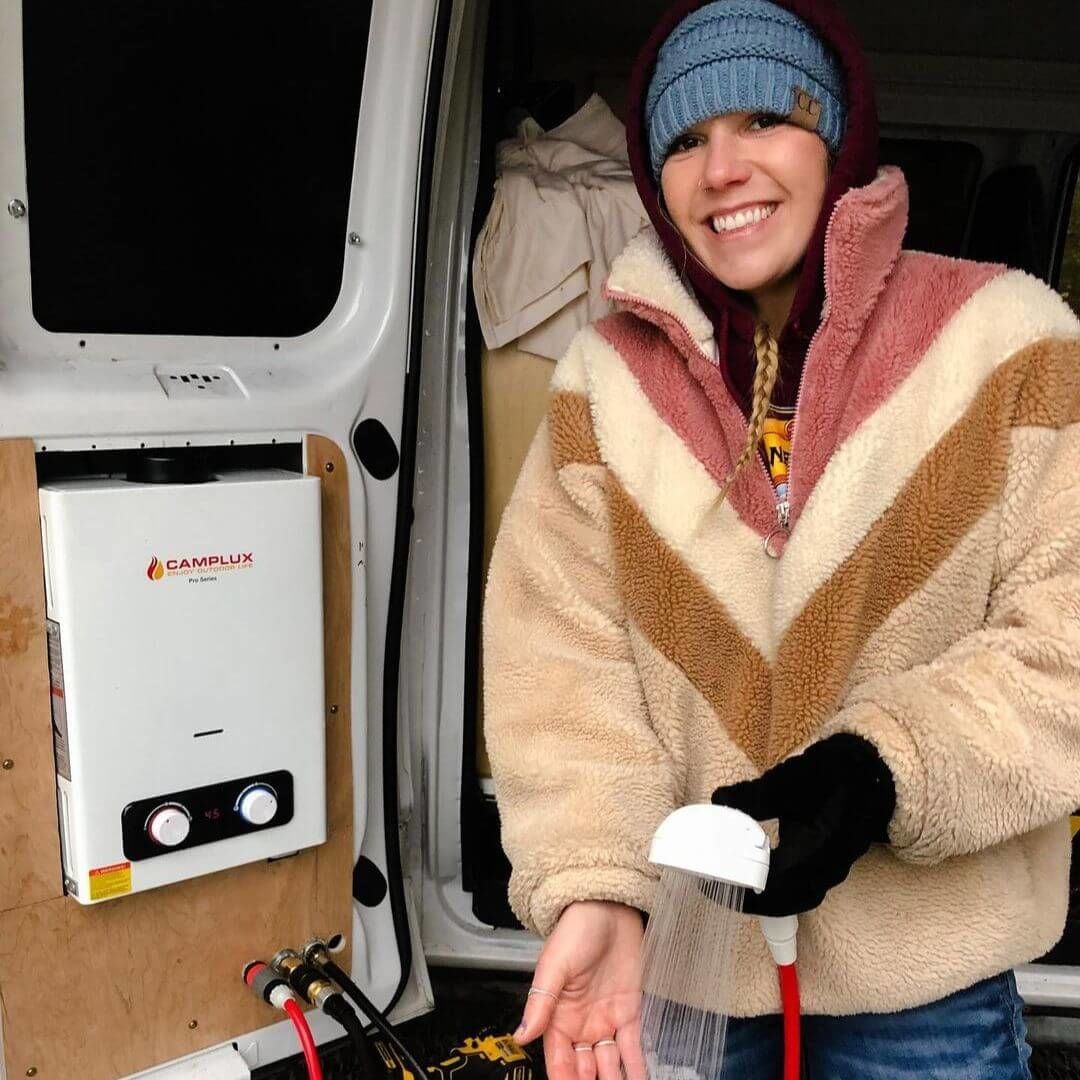 Customer photo review of Portable Tankless Water Heater, Camplux 1.58 GPM Outdoor Propane Hot Water Heater with S/S Rain Cap