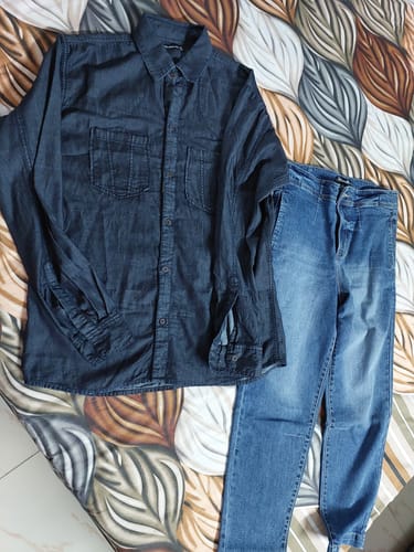 Customer photo review of Dark Blue Pleat Jeans
