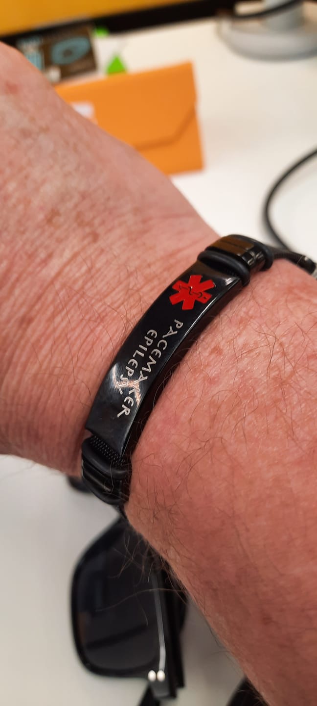 Customer photo review of Personalised Black Mesh Medical Alert Bracelet - Red Logo