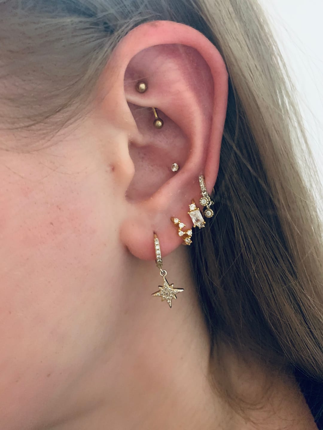 Customer photo review of Stacked Crystal Huggie Hoop