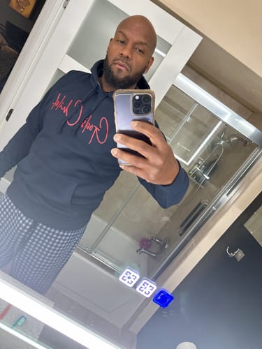 Customer photo review of God`s Child "Big Signature" Fleece Pullover Hoodie (Navy Blue & Red)