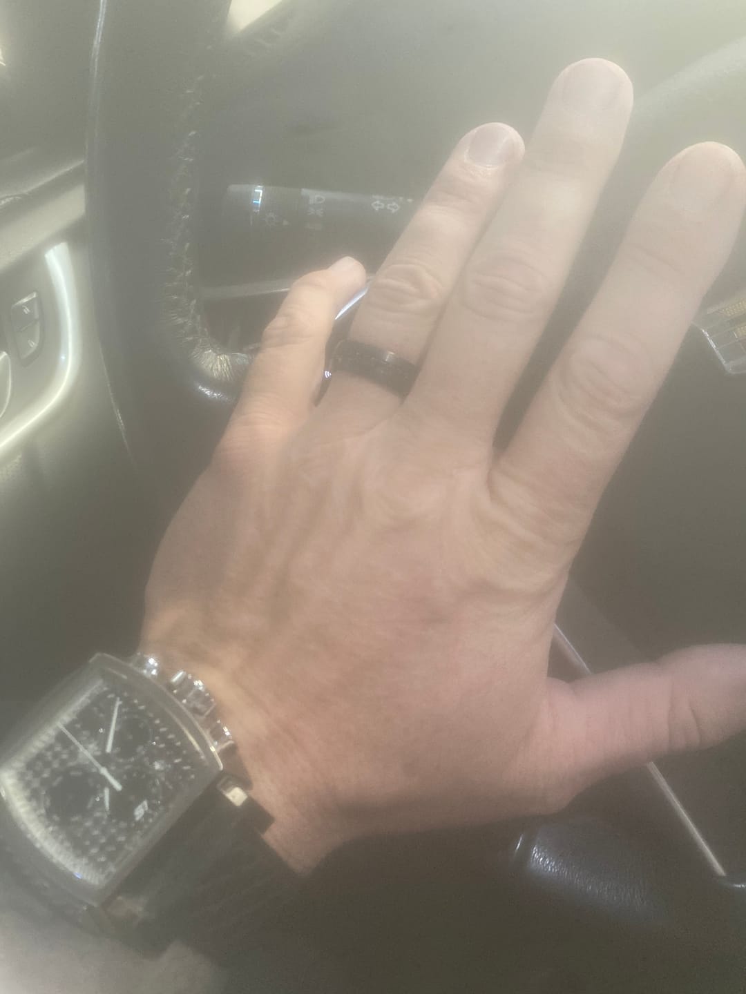 Customer photo review of 8mm Black Tungsten Wedding Band with Black Sapphires